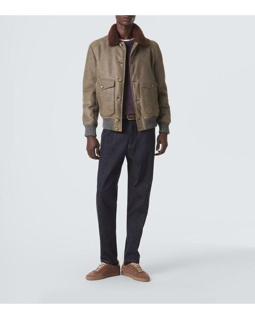Brunello Cucinelli Green Shearling-Lined Leather Blouson Jacket for men