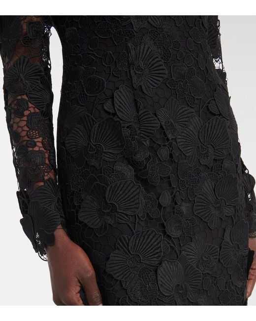Oscar de la Renta Black Orchid Floral Guipure Midi Dress