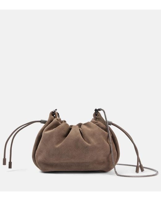 Brunello Cucinelli Brown Schultertasche Softy Small Aus Veloursleder
