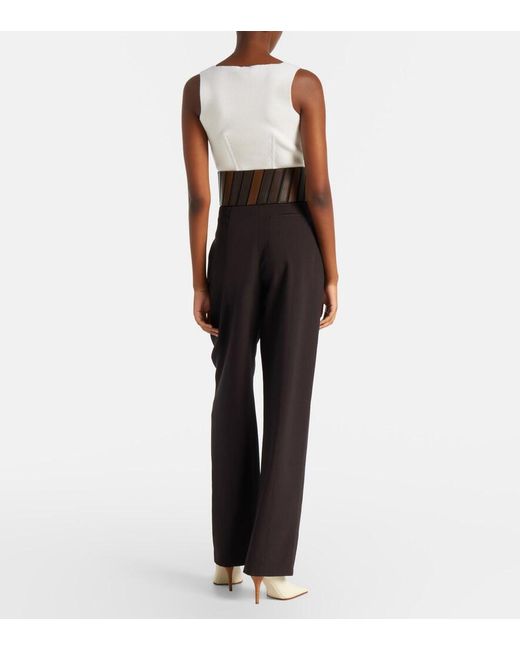 Alaïa Black Leather-Trimmed Wool Straight Pants