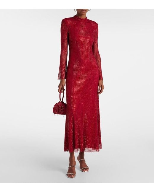 Self-Portrait Red Embellished Fishnet Midi Dress