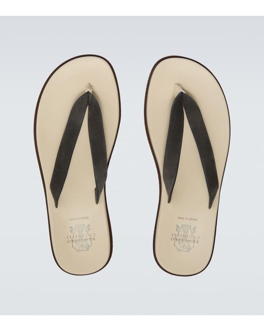 Brunello Cucinelli White Suede Thong Sandals for men