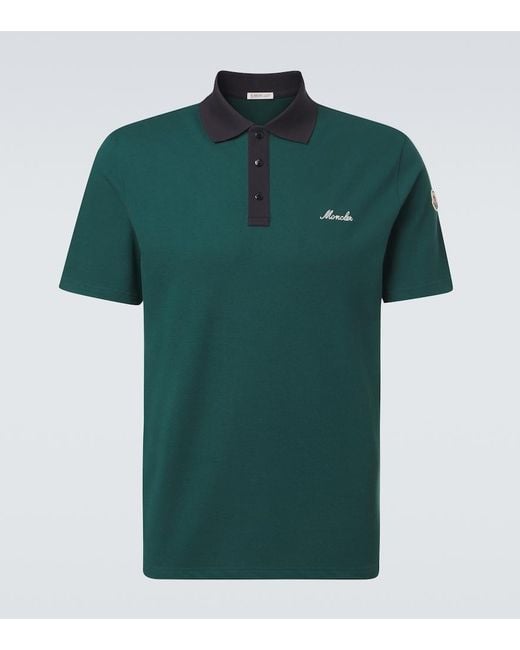 Moncler Green Embroidered Cotton Pique Polo Shirt for men