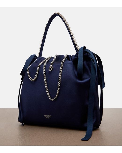 Jimmy Choo Blue Drawstring Mini Embellished Satin Top-Handle Bag