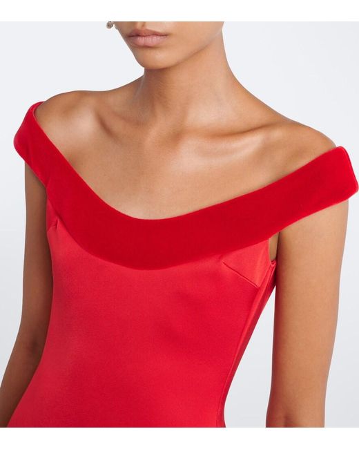 David Koma Red Velvet-Trimmed Off-Shoulder Satin Gown