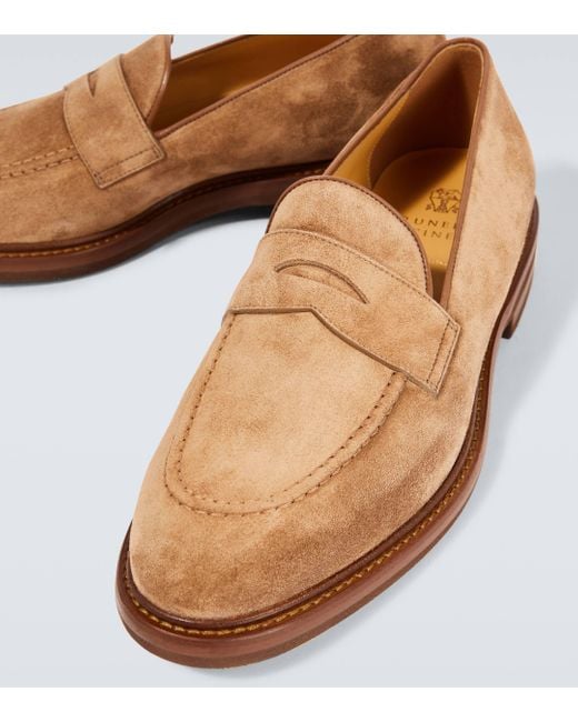 Brunello Cucinelli Brown Suede Penny Loafers for men