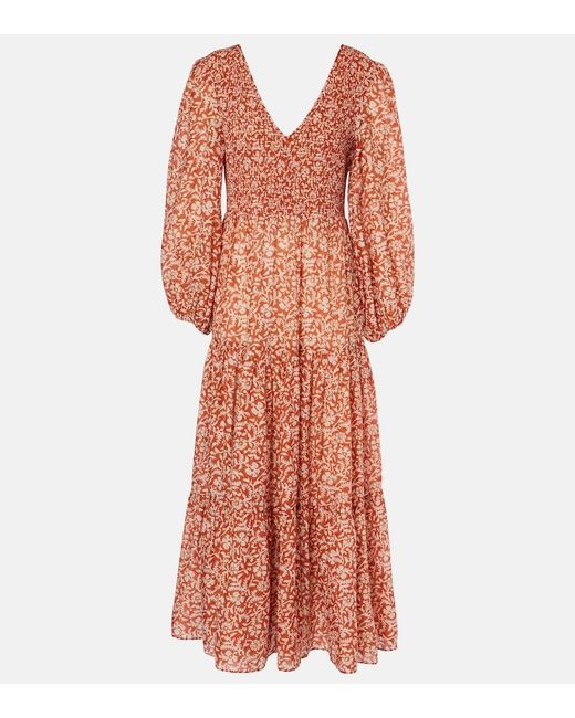Rixo Orange Brooke Floral Cotton And Silk Midi Dress