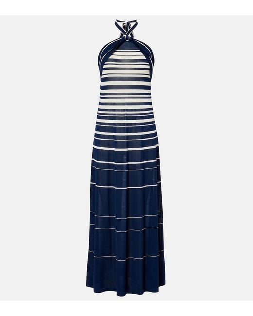 Faithfull The Brand Blue Axel Striped Halterneck Cotton-Blend Maxi Dress