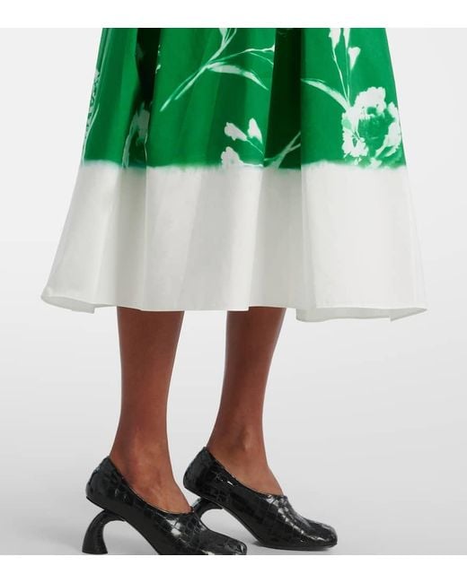 Erdem Green Pleated Floral Cotton Midi Skirt