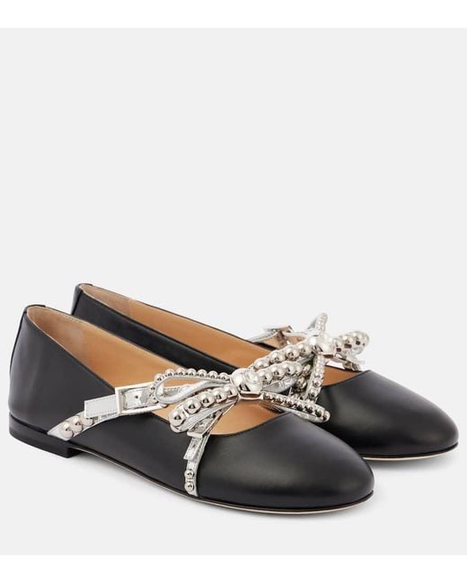Mach & Mach Black Embellished Leather Ballet Flats