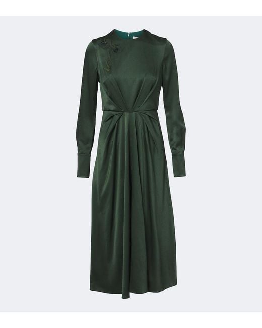 Erdem Green Floral-Applique Satin Seersucker Midi Dress