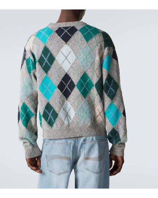 ERL Blue Argyle Wool And Cotton-Blend Sweater for men