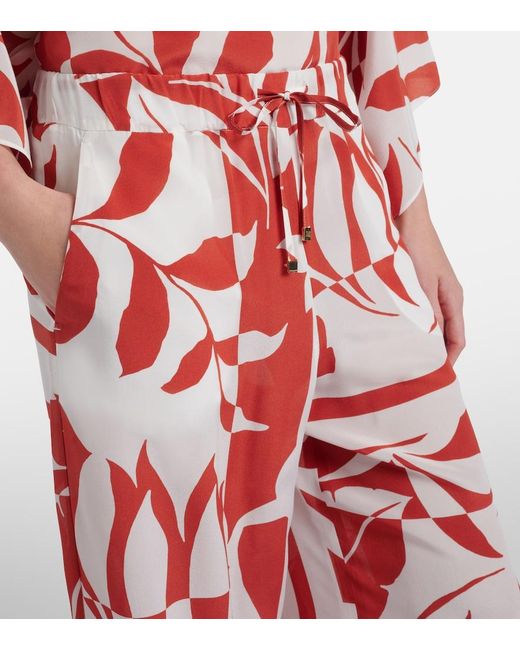 Max Mara Red Voto Printed Silk Wide-Leg Pants