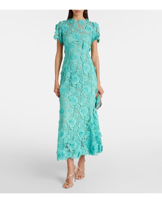 Oscar de la Renta Green Floral Guipure Lace Midi Dress