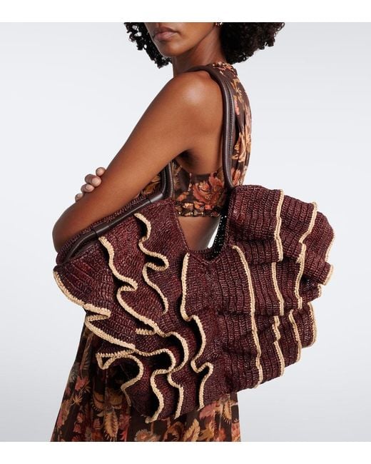 Zimmermann Brown Goldentime Medium Ruffled Raffia Tote Bag