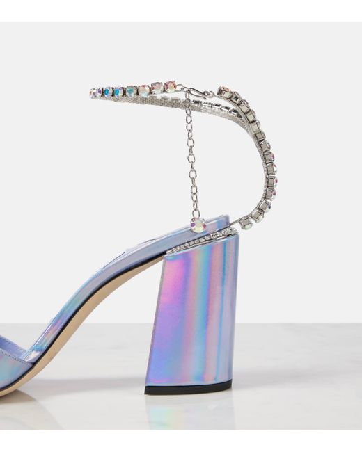 Jimmy Choo Blue Saeda 85 Embellished Metallic Leather Sandals