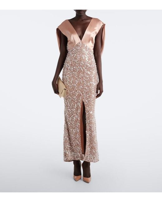 La Fuori Brown Genevieve Embellished Lace And Satin Gown