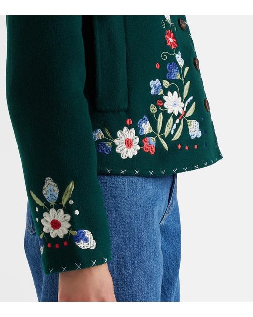 Rixo Green Jude Embroidered Floral Wool-Blend Jacket