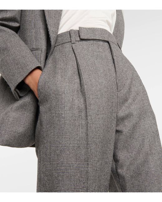 Saint Laurent Gray High-rise Checked Wool Wide-leg Pants