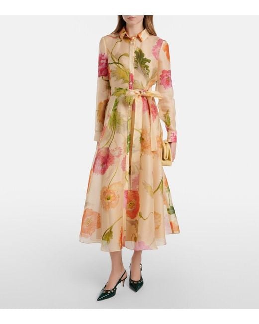 Carolina Herrera Orange Belted Floral Silk Shirt Dress