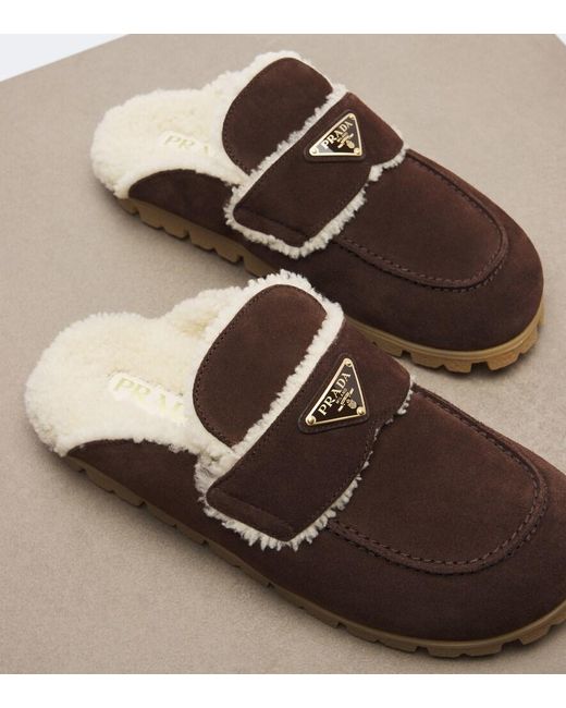 Prada Brown Shearling-Lined Suede Mules