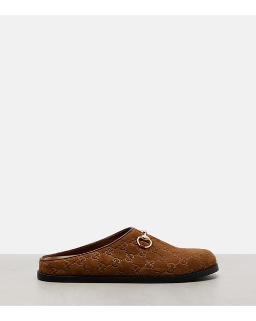 Gucci Brown Gg Horsebit Suede Mules