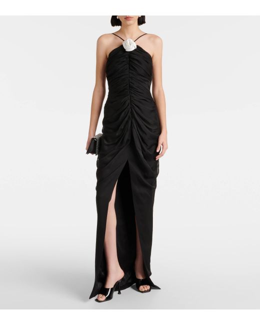Rasario Black Floral-applique Chiffon Gown