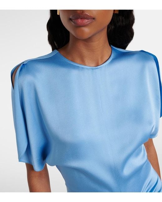 Victoria Beckham Blue Gathered Satin Midi Dress