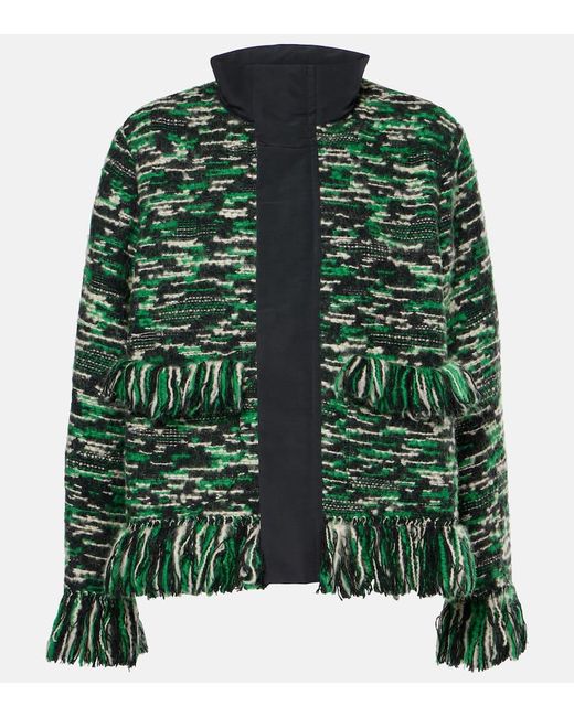 Sacai Green Fringed Wool-Blend Tweed Jacket