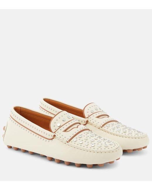 Tod's White Gommino Studded Leather Moccasins