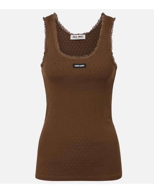 Miu Miu Brown Lace-Trimmed Pointelle Cotton Tank Top