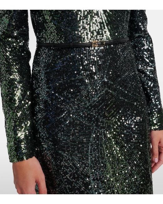 Robe Longue En Soie Melangee A Sequins Elie Saab en coloris Green