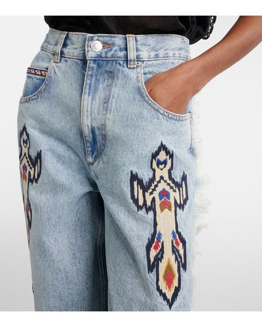 Isabel Marant Blue Maella Embroidered Fringed Straight Jeans