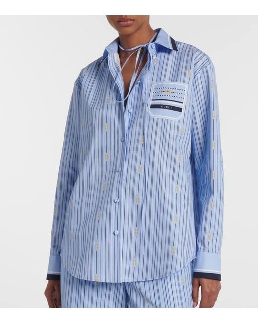 Gucci Blue Tie-Neck Printed Cotton-Poplin Shirt
