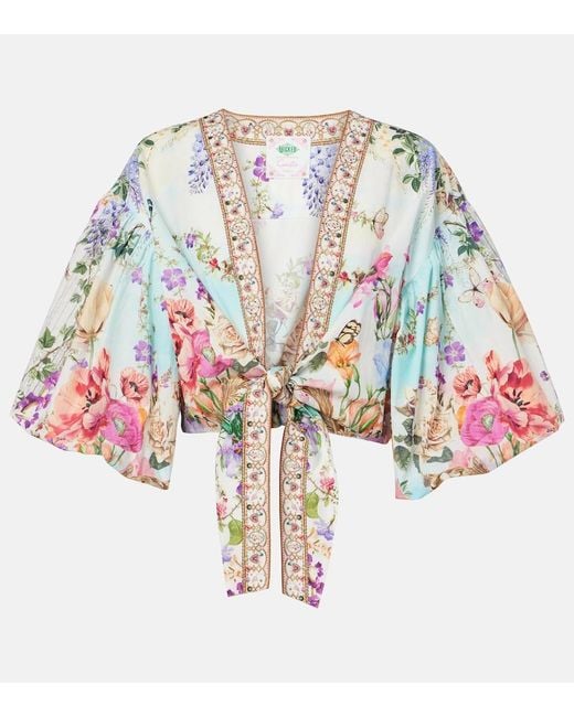 Camilla Multicolor Tie-Front Puff-Sleeve Crop Top