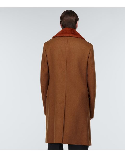 Lanvin Faux Fur-trimmed Virgin Wool Coat in Brown for Men | Lyst