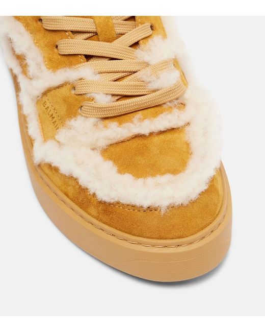 Balmain Metallic Shearling-Trimmed Suede Sneakers