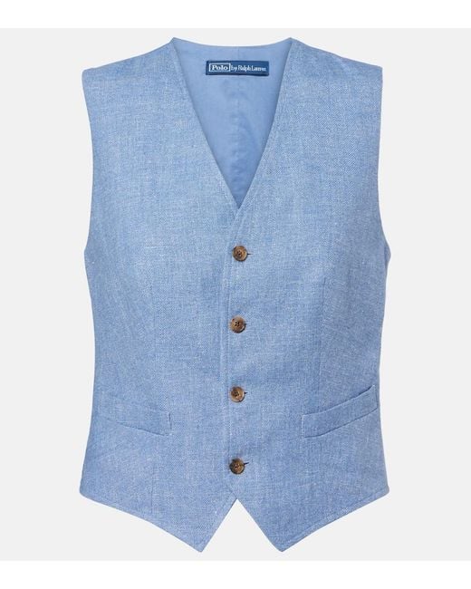 Polo Ralph Lauren Blue Linen And Cotton Twill Vest