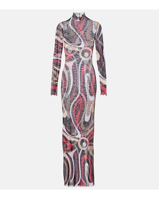 Emilio Pucci Red Printed Tulle-Trimmed Jersey Maxi Dress