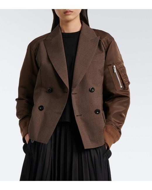 Sacai Brown Double-Breasted Wool And Technical Jacket