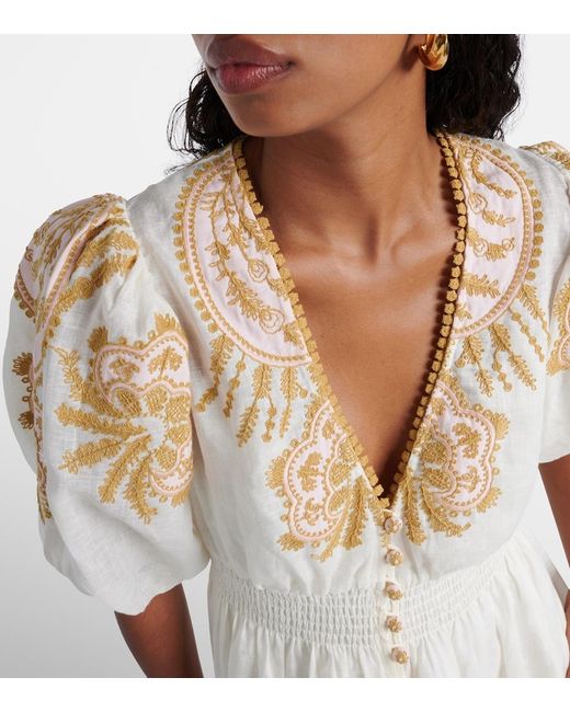 Zimmermann Natural Waverly Embroidered Linen Midi Dress