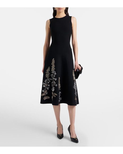 Oscar de la Renta Black Embellished Jacquard Midi Dress