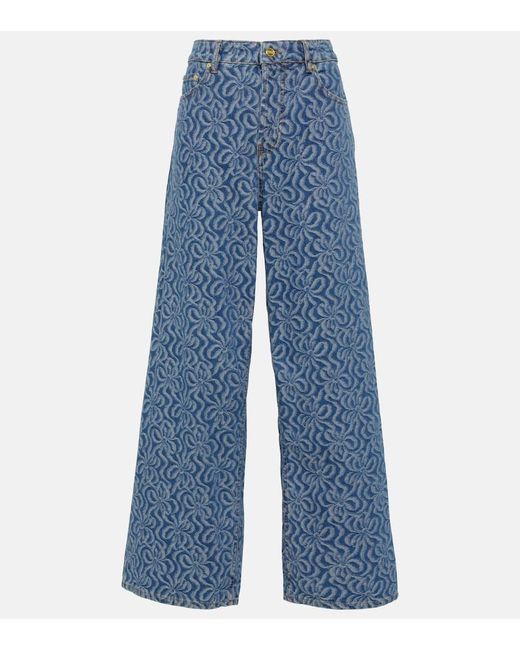 Jeans anchos en jacquard de tiro medio Ganni de color Blue