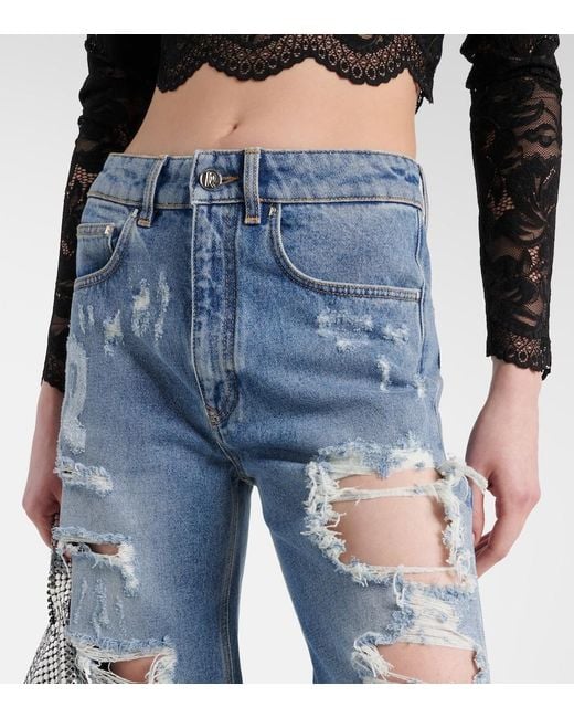 Rabanne Blue Distressed High-Rise Wide-Leg Jeans