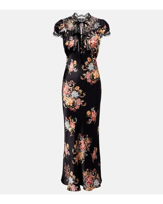 Rodarte Black Floral Lace-Trimmed Silk Midi Dress