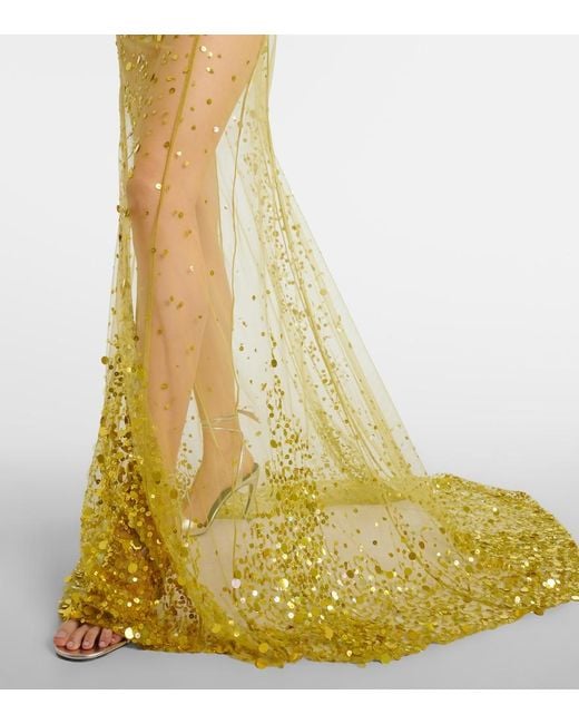 The Attico Yellow Sequined Sheer Mesh Gown