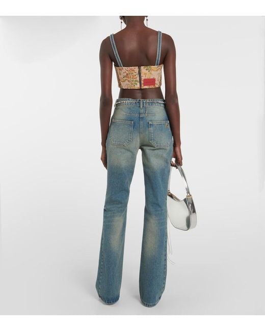 Alessandra Rich Blue Floral Cropped Denim Bustier Top