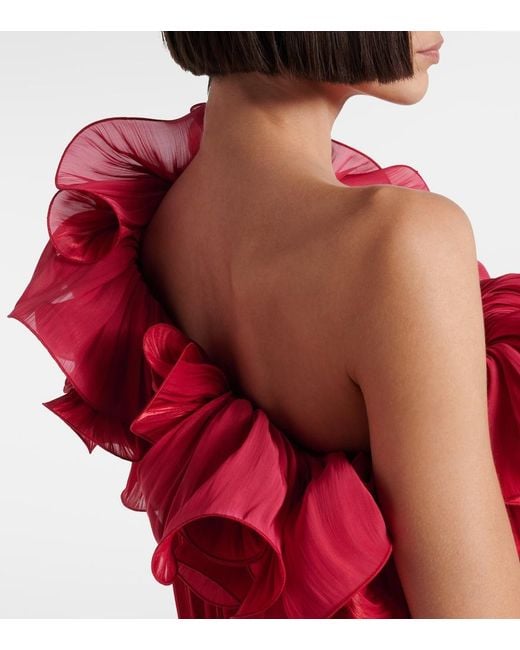 Costarellos Red Charmain Ruffled Georgette Lame Gown