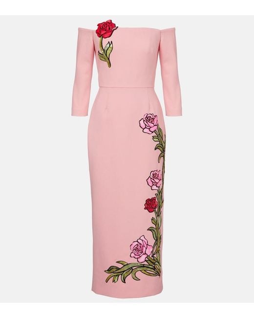 Oscar de la Renta Pink Embroidered Wool-Blend Gown