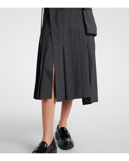Sacai Black Prince Of Wales Check Wool Midi Skirt